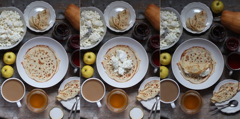 pancakes with cottage cheese and other sweet additives on the wood surface