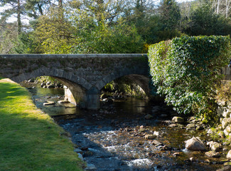 Fototapeta na wymiar The small brook and stone bridge at the ancient Glendalough monastic site in the Wicklow mountains in Ireland