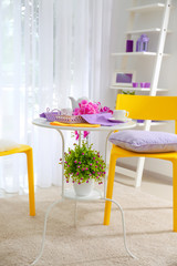 Interior of light modern room with lilac tints