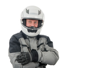 senior rider with white helmet isolated on the white background