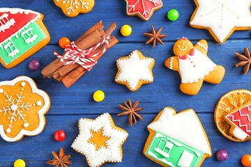 Beautiful composition with Christmas cookies on wooden background