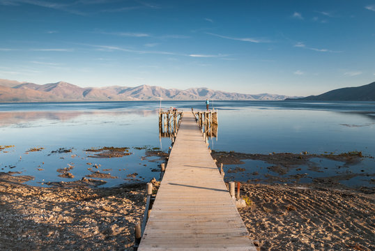 Landscape with wooden pier by Lake Prespa, Macedonia