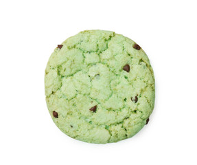 Mint chocolate chip cookie on white background