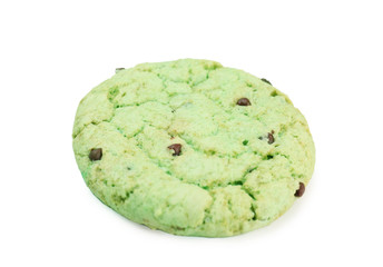 Mint chocolate chip cookie on white background