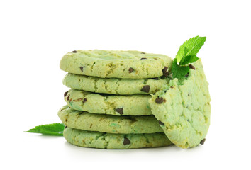 Mint chocolate chip cookies on white background