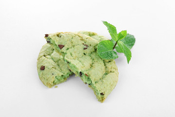 Mint chocolate chip cookie on white background