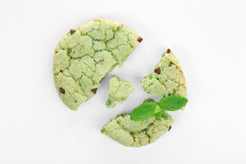 Mint chocolate chip cookie on white background