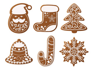 Set of christmas gingerbread decorated cookies. Christmas tree, snowflakes, gifts. Winter holidays. Vector Illustration EPS10.
