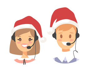 Portrait of happy smiling customer support phone operator in Christmas hat. Callcenter worker with headset. Cartoon vector illustration agent