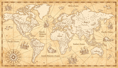 Naklejka premium Vintage ilustrowana mapa świata