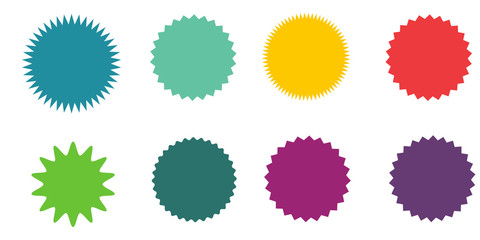 Set of vector starburst, sunburst badges.  Vintage labels. Colored stickers. A collection of different types and colors icon. - obrazy, fototapety, plakaty