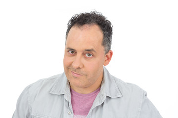 Obraz premium Portrait of confident man. Bald person is wearing a gray shirt. Isolated..