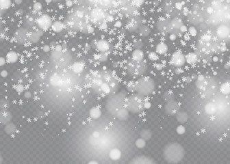 Vector falling snow effect isolated on transparent background with blurred bokeh.
