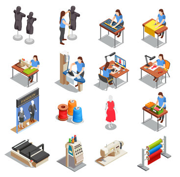 Sewing Factory Isometric Icons Set