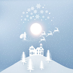 Fototapeta na wymiar Merry Christmas and Happy New Year. Santa Claus on the sky coming to City. with winter landscape with snowflakes, light, stars. Merry Christmas card.