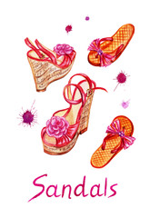 Obraz na płótnie Canvas Sandals and flip flops, illustration by watercolor. Women's shoes, drawing isolated on a white background with a clipping path.
