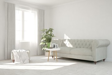 Idea of white minimalist room with sofa. Scandinavian interior design. 3D illustration