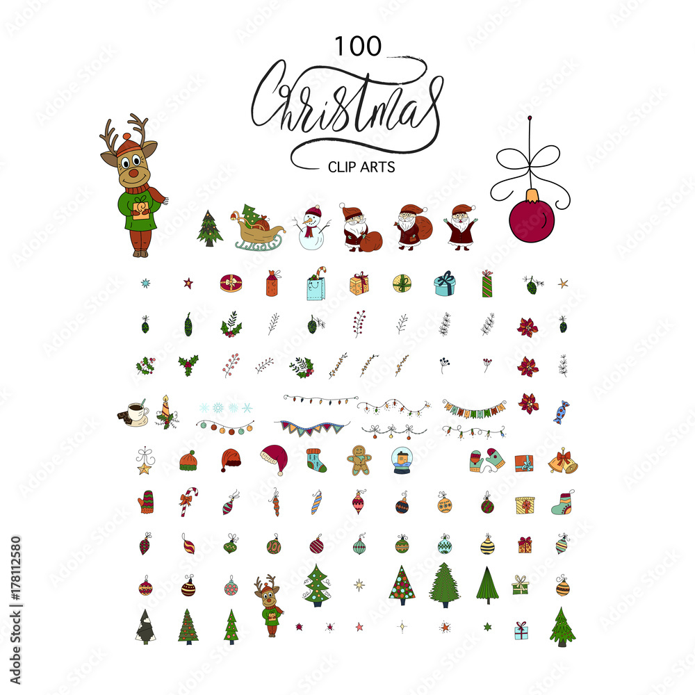 Wall mural Big Christmas icon set. 100 winter icons.