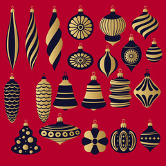 Black and gold retro baubles set. Decorative christmas tree balls.