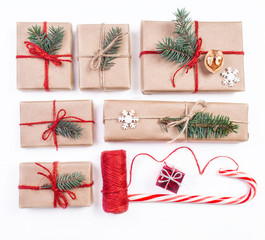 Christmas gift boxes collection with decorations and pine tree for design on white background. .