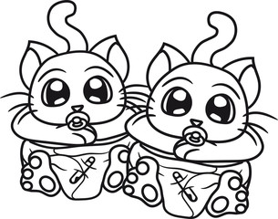 zwillinge kinder 2 freunde team paar geschwister schwestern brüder dick windel schnuller kind baby hübsch süß niedlich katze kätzchen comic cartoon design haustier