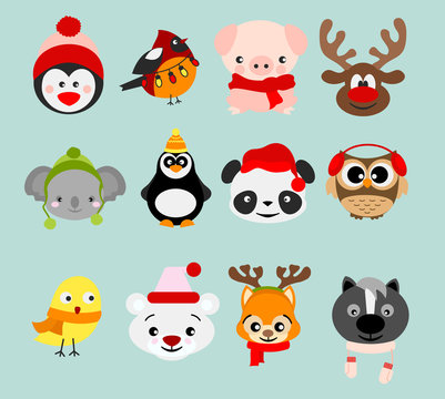 Vector illustration set of winter cute animals in Christmas costumes and elements. Happy in winter and christmas animals in cartoon flat style.