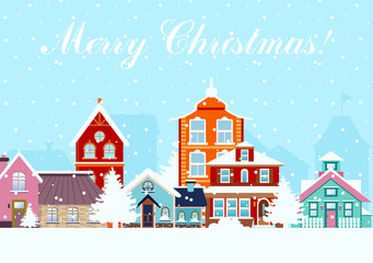 Fototapeta na wymiar Vector illustration in flat style. Snowy night in cozy town city panorama with colorful houses in snow. cityscape in Christmas time.