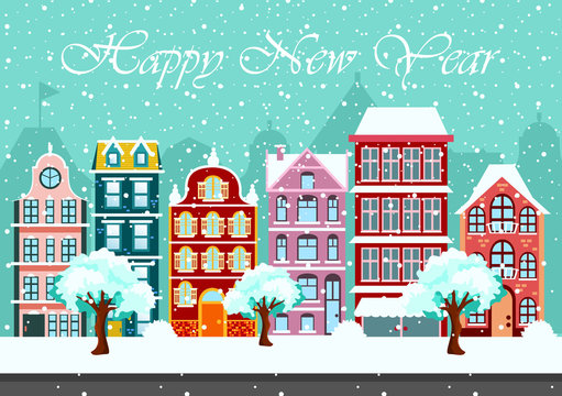 Snowy night in cozy town city panorama. cityscape in Christmas time vector illustration in flat style.