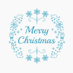 Vector illustration of Christmas icons in blue color on white background. Christmas greeting card in line flat style with wreath.