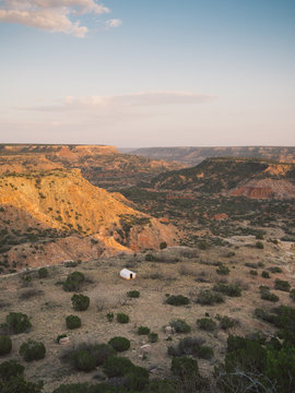 Tent in Palo Duro Canyon, Texas sunset landscape