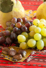 concept photo of autumn harvest consists of grapes quince and chestnuts on rusted leafs