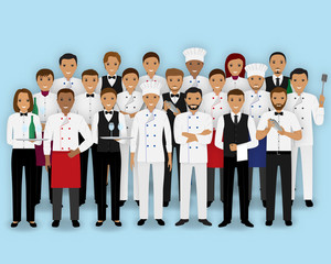 Fototapeta na wymiar Restaurant team characters in uniform. Group of catering service people chef cook waiters and barman.