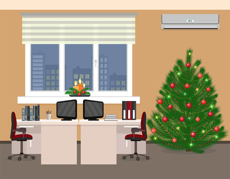 Office room interior including christmas design in two work spaces. Xmas holidays in company office.