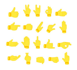 Vector illustration of hands emoji set. Emoji hand icons in flat style on white background.