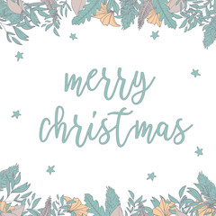 Square frame merry christmas with flowers and leaves, hand drawn illustration