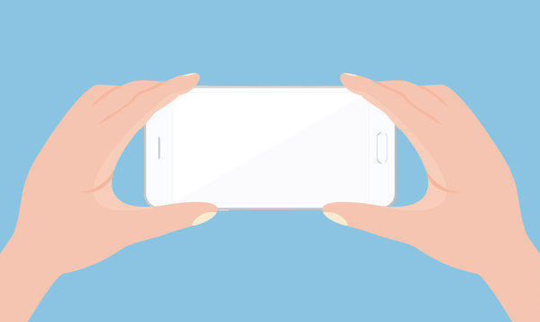 Vector illustration mobile phone in hands on white background in flat style.