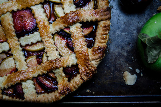 Apple and plum lattice tart.