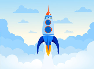 Vector illustration concept of business start up of the space rocket. Rocket ship in the sky with clouds in flat design.