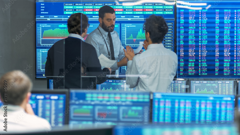 Poster three experienced stock traders talking business, consulting documents and argue about data. they wo