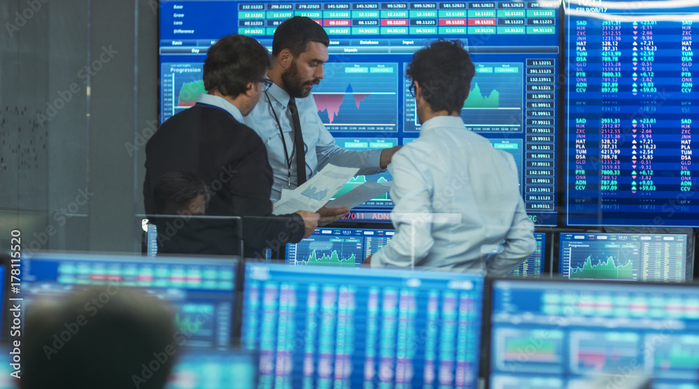Poster three experienced stock traders talking business, consulting documents and argue about data. they wo
