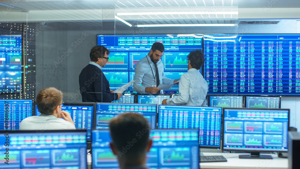 Poster three experienced stock traders talking business, consulting documents and argue about data. they wo
