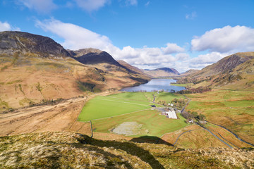 Views of Lake Buttermere and mountain summits of High Crag, High Stile and Red Pike with Gatesgarth...
