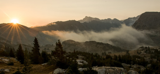 Sunrise and fog in the mountains of Wyoming
