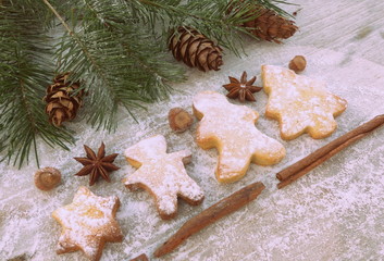 Fototapeta na wymiar biscuits de noël,épices et sapin,sucre,festivité 