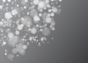 Vector falling snow effect isolated on transparent background with blurred bokeh.