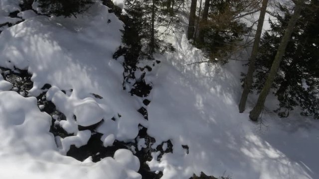 Overhead aerial drone flight establisher over snowy sunny river creek and forest woods. Winter snow in mountain nature outdoors. straight-down perspective travel exploring Alps. 4k top view video