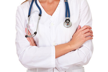 Closeup shot of woman doctor or nurse, isolated on white background