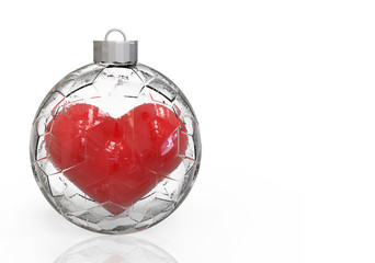 3d rendering. A red heart shape in cristal christmas ball with copy space on white background.