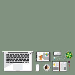 Top view of table working and working desk and free space for text with accessory on the table, laptop, notebook, phone, flash drive, coffee cup, letter, flowerpot, note
