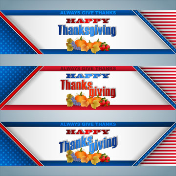 Set of web banners with stylized 3d text, harvest and national flag colors for American Thanksgiving day celebration; Vector illustration